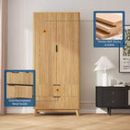 Armoire penderie en bois de 71 po avec 2 portes, tringle à vêtements, étagère réglable et 2 tiroirs, armoire de rangement autoportante pour chambre ou salle de sport
