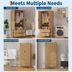 Armoire penderie en bois de 71 po avec 2 portes, tringle à vêtements, étagère réglable et 2 tiroirs, armoire de rangement autoportante pour chambre ou salle de sport