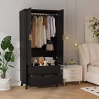 Armoire penderie en bois de 71 po avec 2 portes, tringle à vêtements, étagère réglable et 2 tiroirs, armoire de rangement autoportante pour chambre ou salle de sport