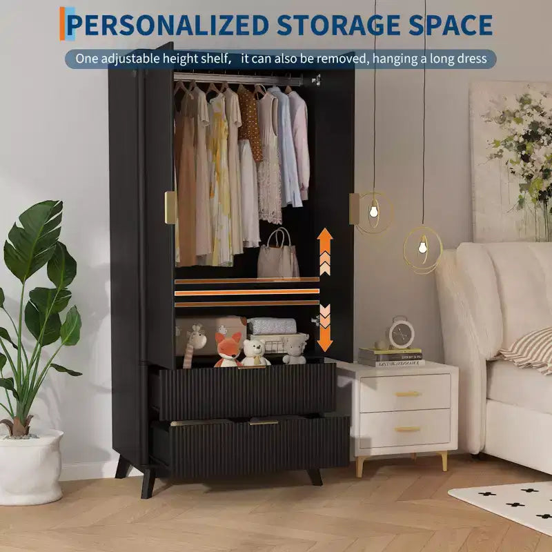 Armoire penderie en bois de 71 po avec 2 portes, tringle à vêtements, étagère réglable et 2 tiroirs, armoire de rangement autoportante pour chambre ou salle de sport