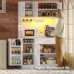 Meuble de rangement Bestier de 71 po, buffet de style fermette blanc en bois manufacturé avec étagères ajustables, éclairage intégré et prise de courant