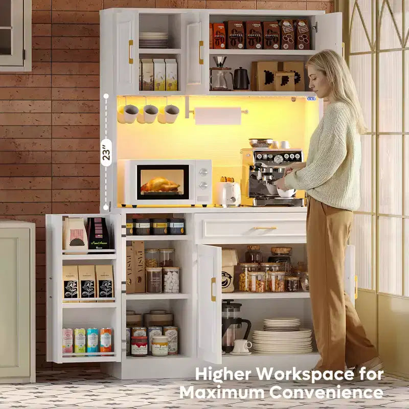 Meuble de rangement Bestier de 71 po, buffet de style fermette blanc en bois manufacturé avec étagères ajustables, éclairage intégré et prise de courant