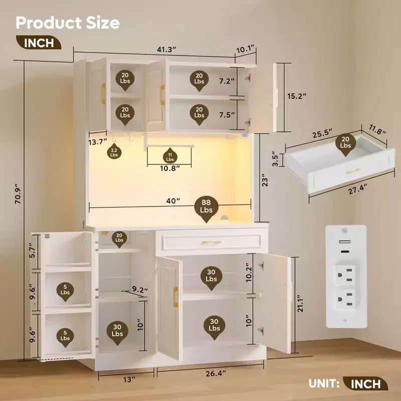 Meuble de rangement Bestier de 71 po, buffet de style fermette blanc en bois manufacturé avec étagères ajustables, éclairage intégré et prise de courant