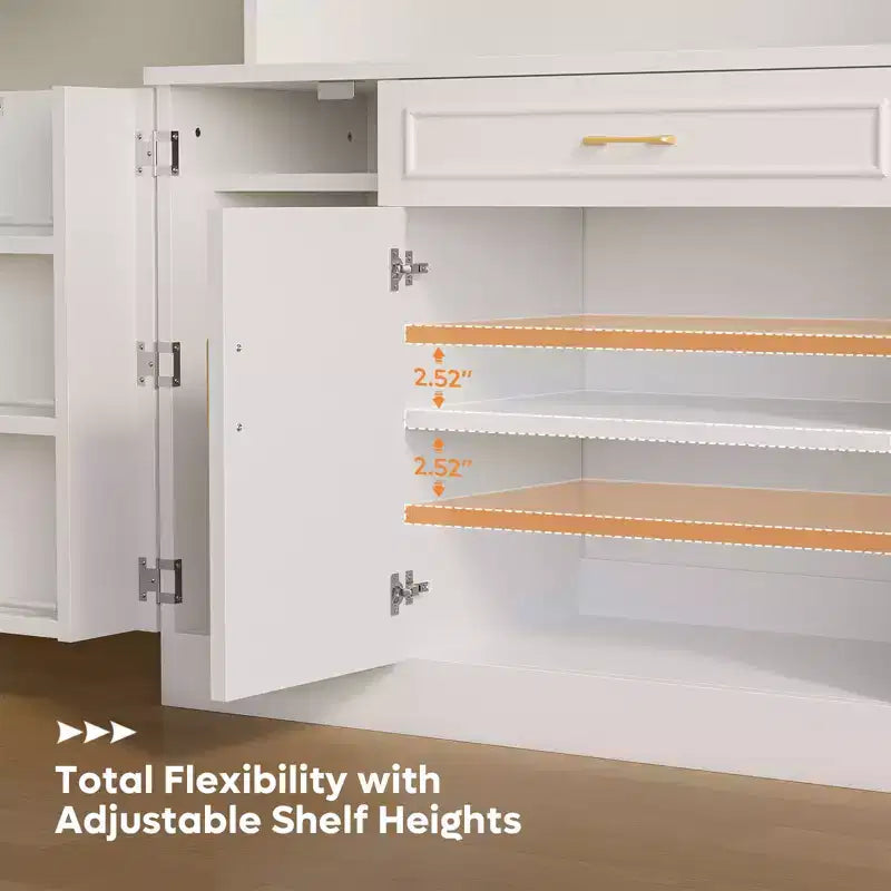 Meuble de rangement Bestier de 71 po, buffet de style fermette blanc en bois manufacturé avec étagères ajustables, éclairage intégré et prise de courant