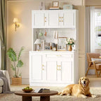 Meuble de rangement Bestier de 71 po, buffet de style fermette blanc en bois manufacturé avec étagères ajustables, éclairage intégré et prise de courant