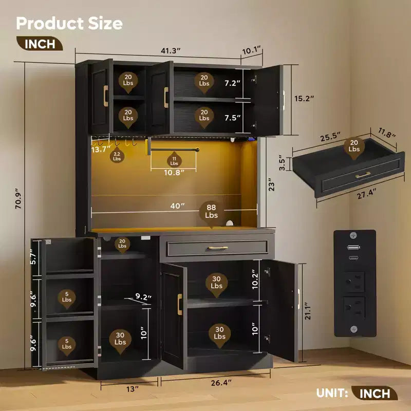 Meuble de rangement Bestier de 71 po, buffet de style fermette blanc en bois manufacturé avec étagères ajustables, éclairage intégré et prise de courant