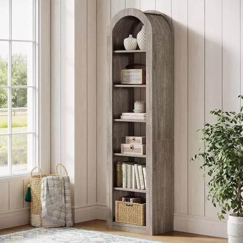 Lantine 74.8-Inch Tall Arched Bookshelf, 6-Tier Narrow Open Bookcase and Display Shelves for Small Space, Home Office, Living Room, Grey