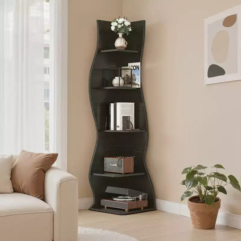 Étagère d'angle VECELO à 5 niveaux avec vagues, meuble de rangement rustique facile à monter, organiseur compact pour la décoration intérieure