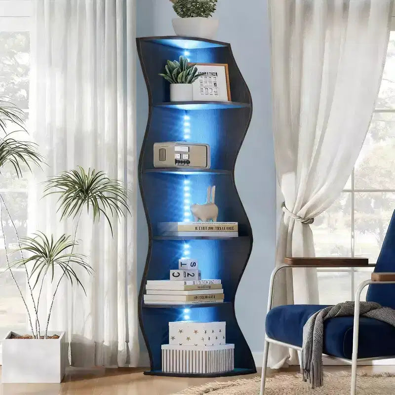 Étagère d'angle VECELO à 5 niveaux avec vagues, meuble de rangement rustique facile à monter, organiseur compact pour la décoration intérieure