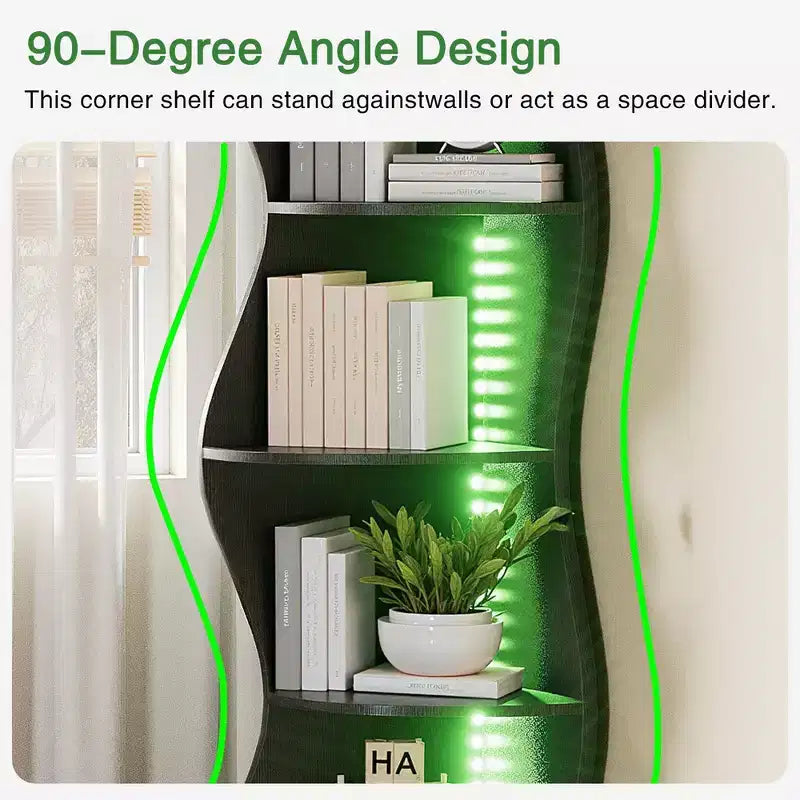 Étagère d'angle VECELO à 5 niveaux avec vagues, meuble de rangement rustique facile à monter, organiseur compact pour la décoration intérieure