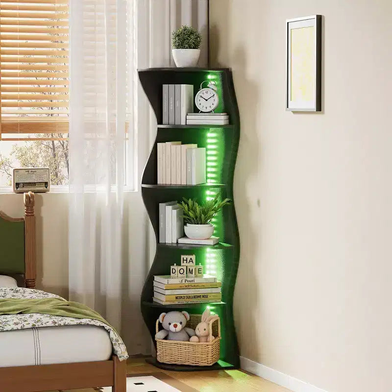 Étagère d'angle VECELO à 5 niveaux avec vagues, meuble de rangement rustique facile à monter, organiseur compact pour la décoration intérieure