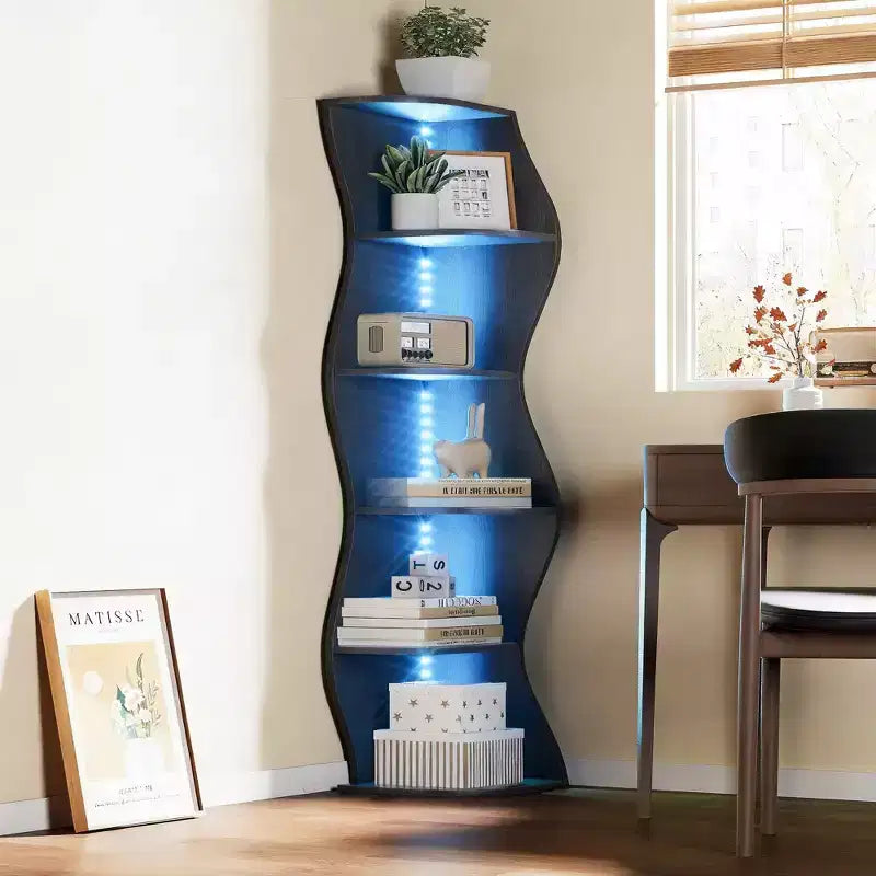 Étagère d'angle VECELO à 5 niveaux avec vagues, meuble de rangement rustique facile à monter, organiseur compact pour la décoration intérieure