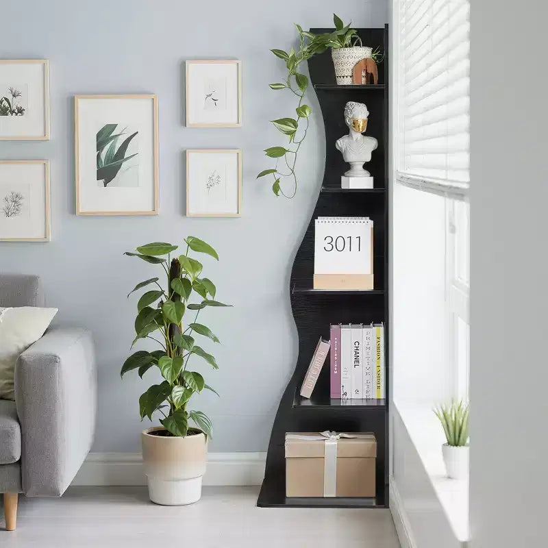 Étagère d'angle VECELO à 5 niveaux avec vagues, meuble de rangement rustique facile à monter, organiseur compact pour la décoration intérieure