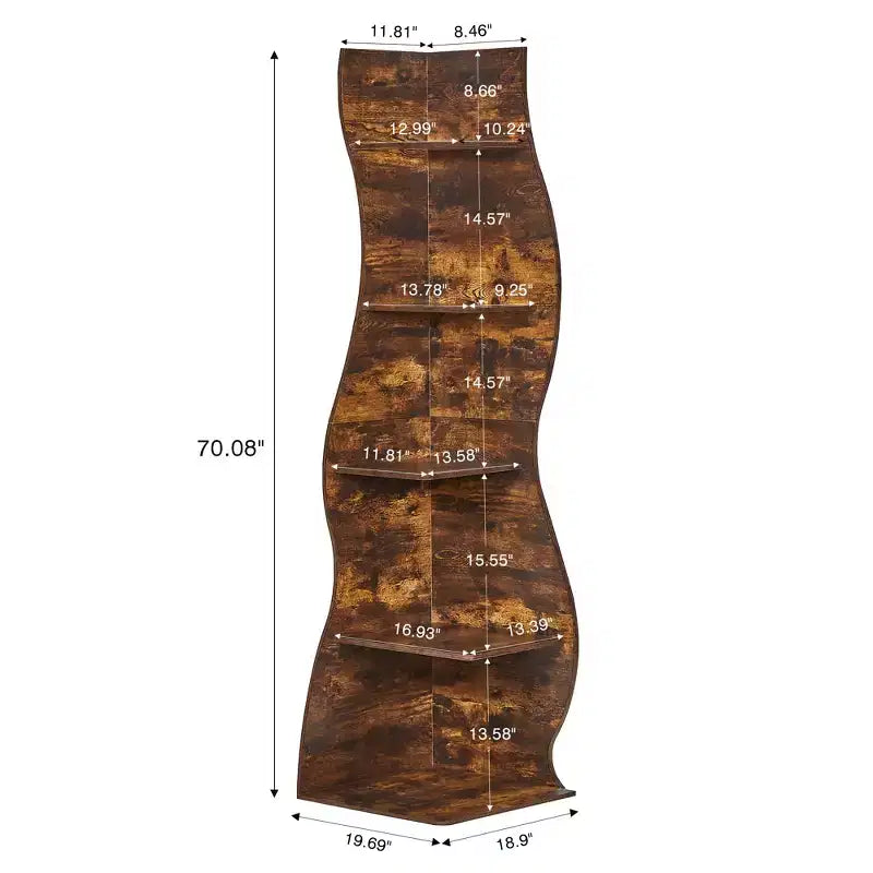 Étagère d'angle VECELO à 5 niveaux avec vagues, meuble de rangement rustique facile à monter, organiseur compact pour la décoration intérieure