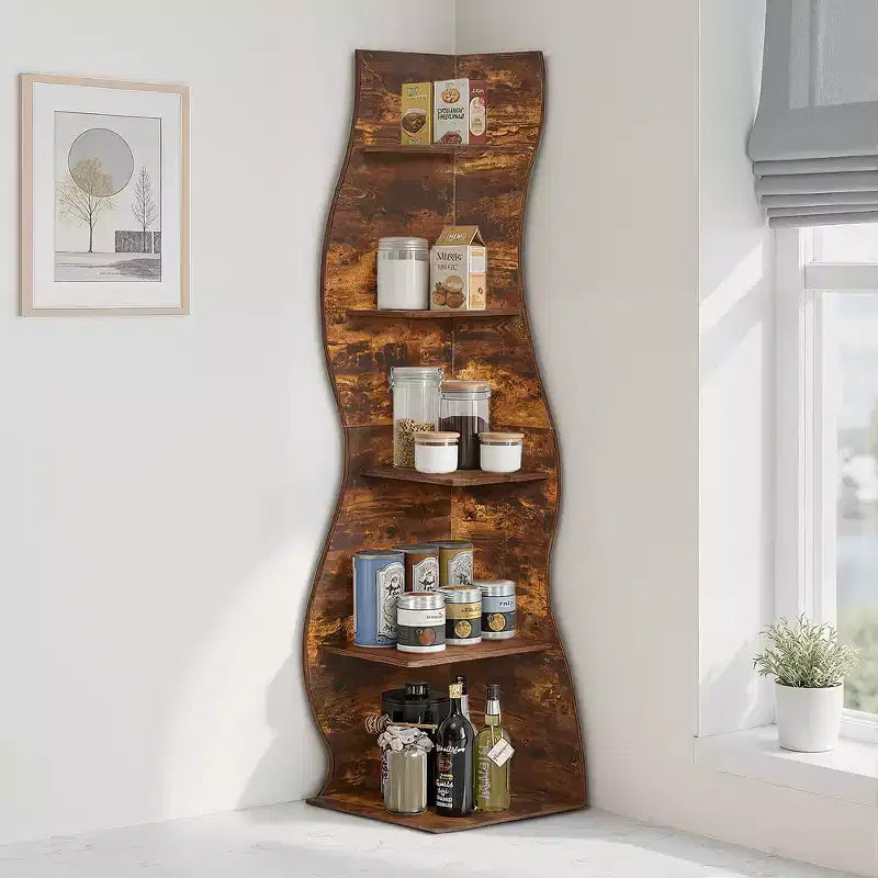 Étagère d'angle VECELO à 5 niveaux avec vagues, meuble de rangement rustique facile à monter, organiseur compact pour la décoration intérieure