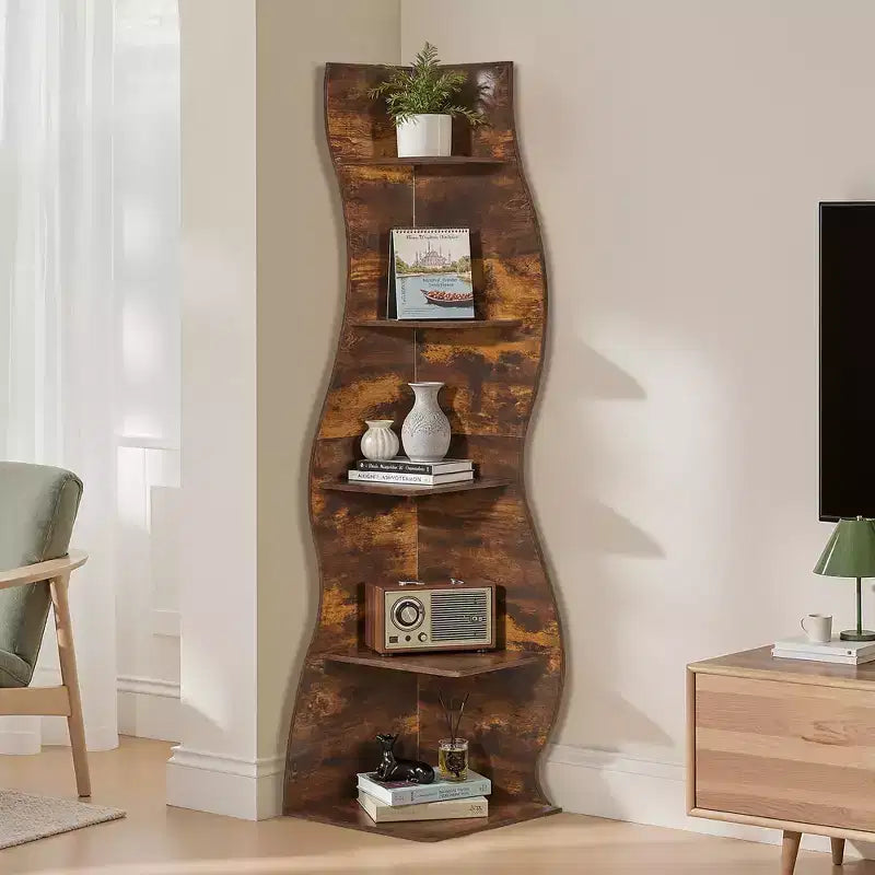 Étagère d'angle VECELO à 5 niveaux avec vagues, meuble de rangement rustique facile à monter, organiseur compact pour la décoration intérieure