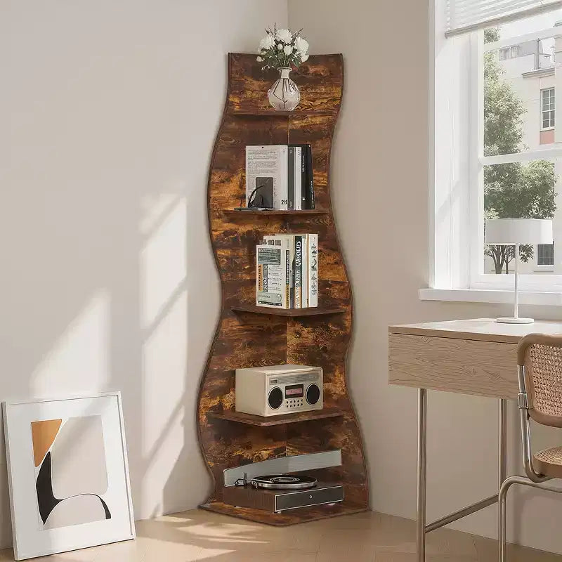 Étagère d'angle VECELO à 5 niveaux avec vagues, meuble de rangement rustique facile à monter, organiseur compact pour la décoration intérieure