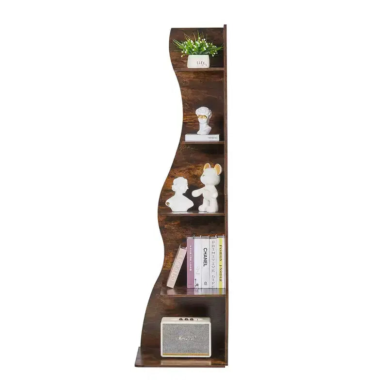 Étagère d'angle VECELO à 5 niveaux avec vagues, meuble de rangement rustique facile à monter, organiseur compact pour la décoration intérieure