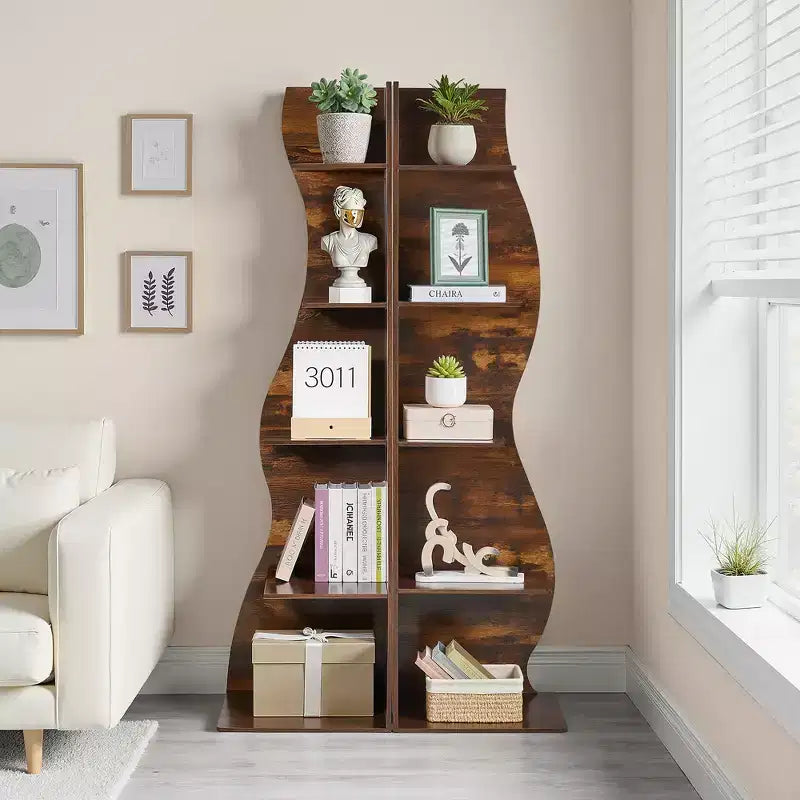 Étagère d'angle VECELO à 5 niveaux avec vagues, meuble de rangement rustique facile à monter, organiseur compact pour la décoration intérieure