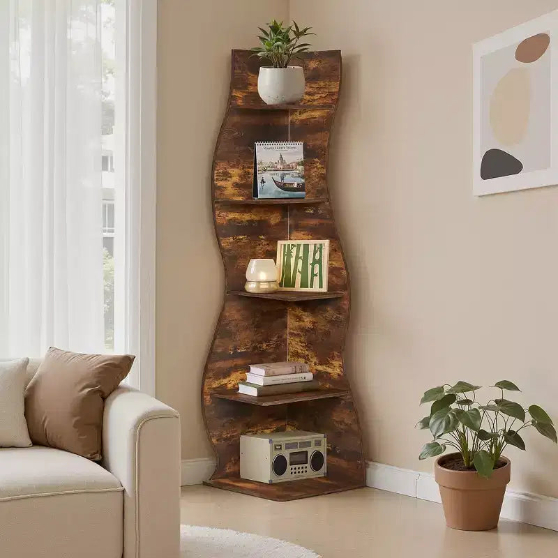 Étagère d'angle VECELO à 5 niveaux avec vagues, meuble de rangement rustique facile à monter, organiseur compact pour la décoration intérieure