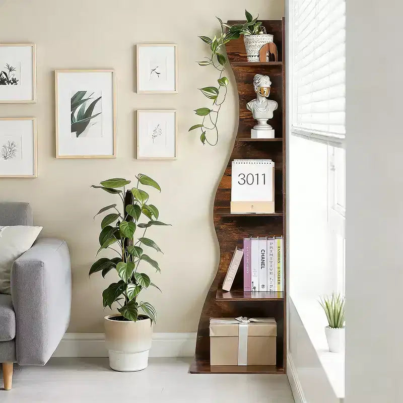 Étagère d'angle VECELO à 5 niveaux avec vagues, meuble de rangement rustique facile à monter, organiseur compact pour la décoration intérieure