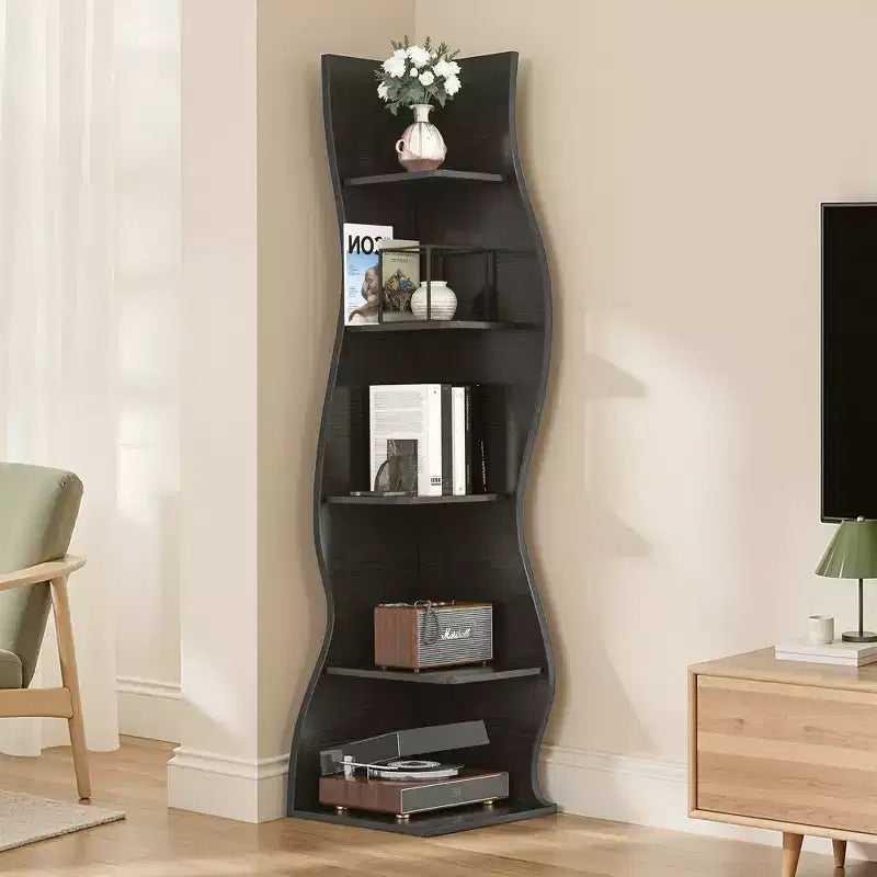 Étagère d'angle VECELO à 5 niveaux avec vagues, meuble de rangement rustique facile à monter, organiseur compact pour la décoration intérieure