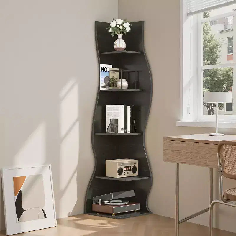Étagère d'angle VECELO à 5 niveaux avec vagues, meuble de rangement rustique facile à monter, organiseur compact pour la décoration intérieure