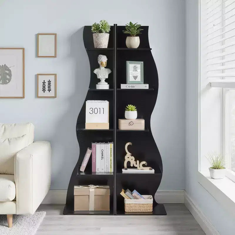 Étagère d'angle VECELO à 5 niveaux avec vagues, meuble de rangement rustique facile à monter, organiseur compact pour la décoration intérieure
