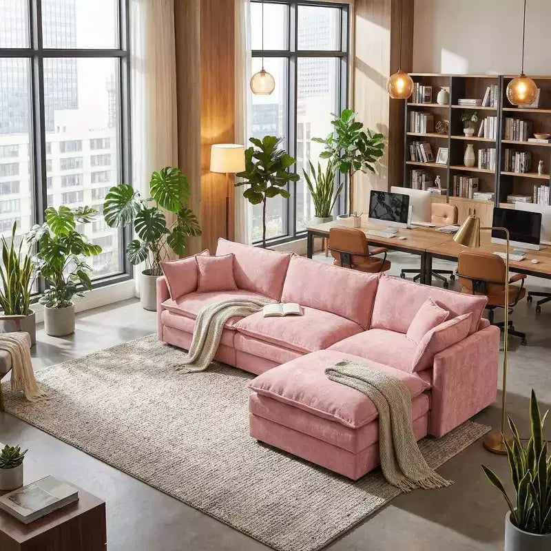 Canapé sectionnel modulaire capitonné FurnitureR 102 avec ottoman réversible, canapé d'angle profond avec oreillers décoratifs pour salon