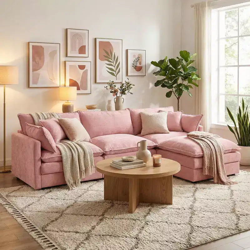 Canapé sectionnel modulaire capitonné FurnitureR 102 avec ottoman réversible, canapé d'angle profond avec oreillers décoratifs pour salon