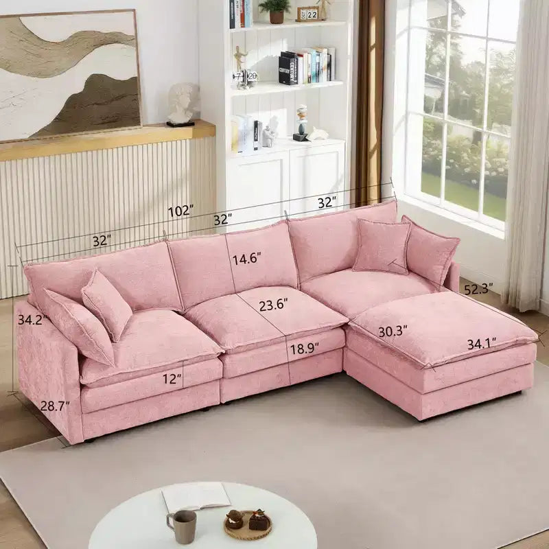 Canapé sectionnel modulaire capitonné FurnitureR 102 avec ottoman réversible, canapé d'angle profond avec oreillers décoratifs pour salon