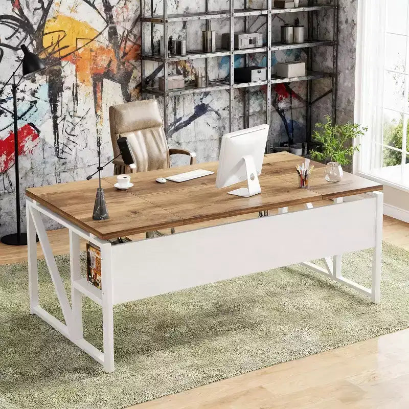 Bureau informatique Lantine de 63 pouces avec étagère de rangement inférieure, table d'écriture de bureau à domicile pour poste de travail, noyer clair, pieds en acier