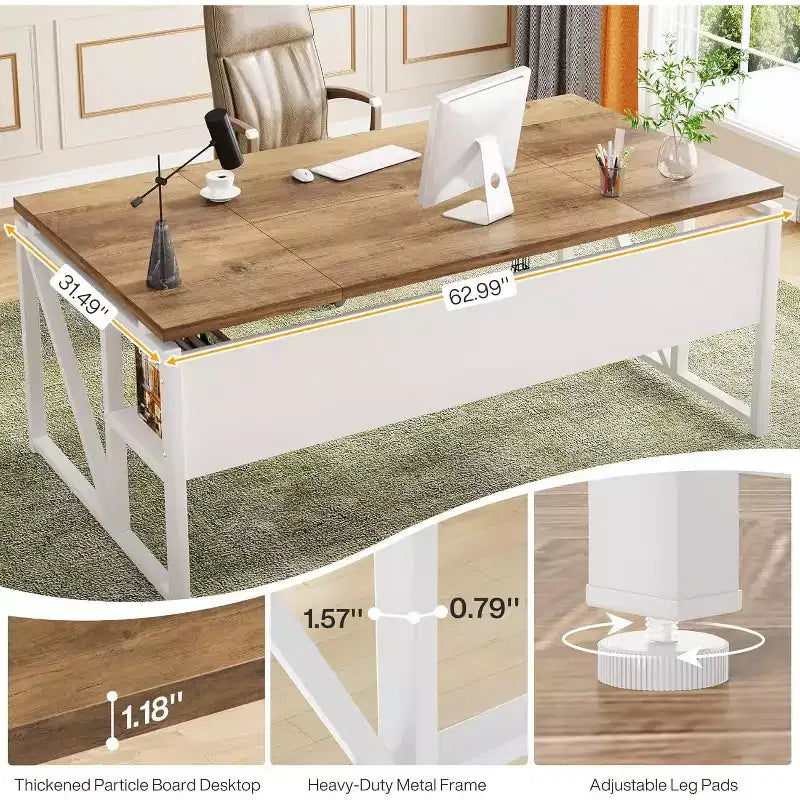 Bureau informatique Lantine de 63 pouces avec étagère de rangement inférieure, table d'écriture de bureau à domicile pour poste de travail, noyer clair, pieds en acier