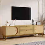 Meuble TV GDFStudio Miles au style ferme moderne avec tiroirs en rotin et portes coulissantes