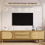 Meuble TV GDFStudio Miles au style ferme moderne avec tiroirs en rotin et portes coulissantes