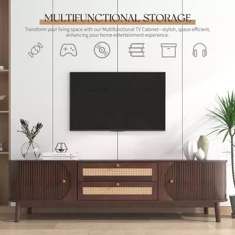 Meuble TV GDFStudio Miles au style ferme moderne avec tiroirs en rotin et portes coulissantes
