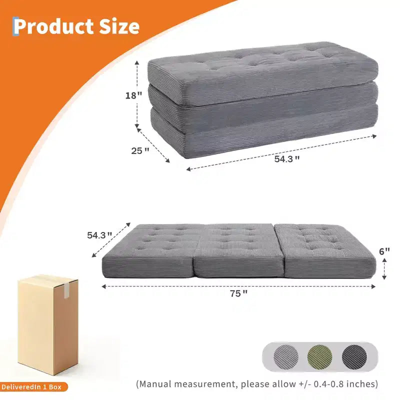 Matelas pliable en mousse 75x54,3 6 à trois volets, matelas d'appoint de sol pour canapé-lit en velours côtelé capitonné, portable et de soutien pour la maison et le camping