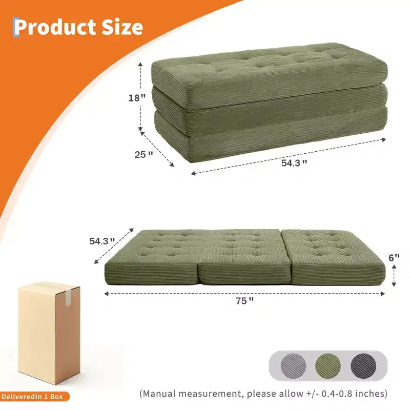 Matelas pliable en mousse 75x54,3 6 à trois volets, matelas d'appoint de sol pour canapé-lit en velours côtelé capitonné, portable et de soutien pour la maison et le camping