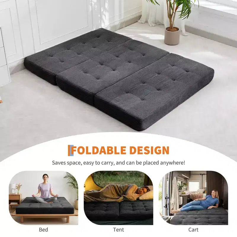 Matelas pliable en mousse 75x54,3 6 à trois volets, matelas d'appoint de sol pour canapé-lit en velours côtelé capitonné, portable et de soutien pour la maison et le camping