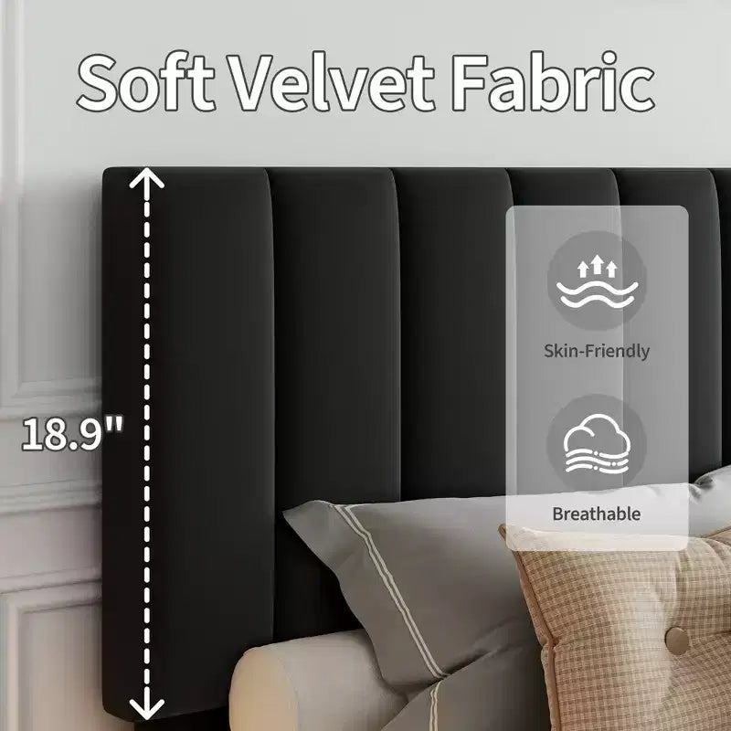 Cadre de lit plateforme rembourré en velours avec tête de lit capitonnée verticale réglable, assemblage facile, aucun sommier tapissier requis