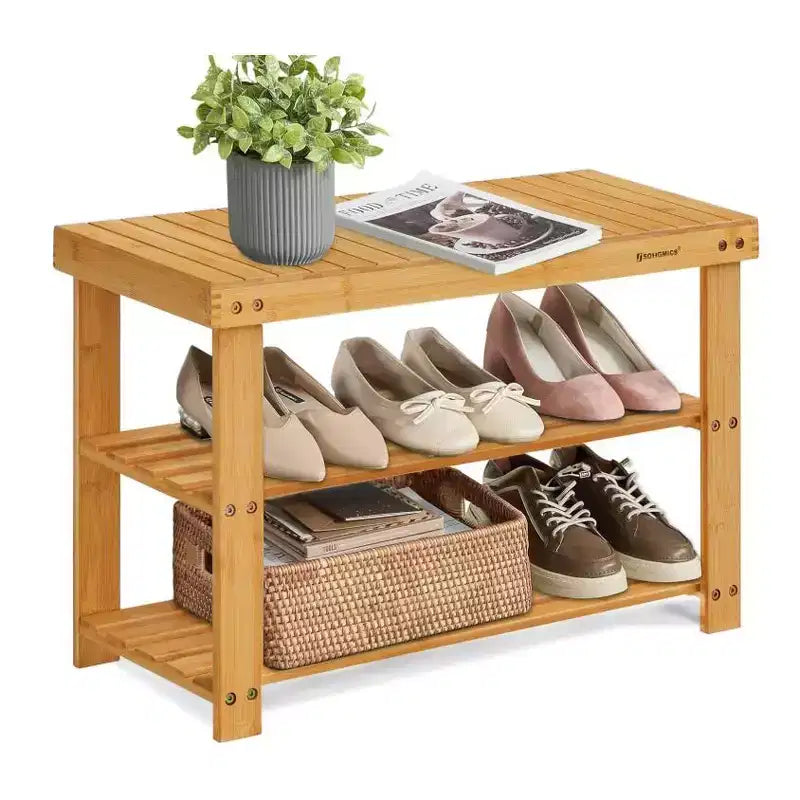 Banc porte-chaussures à 3 niveaux, Organiseur de rangement pour chaussures en bambou avec panneau supérieur, Banc d'entrée, Supporte jusqu'à 130 kg, 80 cm de large