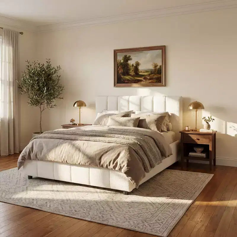 Cadre de lit Christopher Knight Home Nittaya en bois moderne, avec revêtement en tissu bouclette et tête de lit épaisse