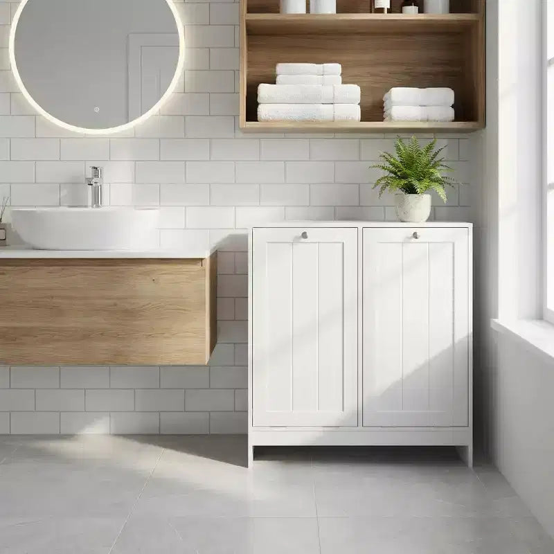 Meuble de rangement étroit pour linge sale FurnitureR avec panier inclinable et porte de rangement, organiseur de salle de bain étroit avec panier amovible en MDF blanc