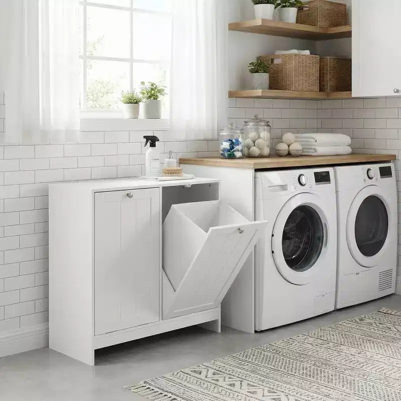 Meuble de rangement étroit pour linge sale FurnitureR avec panier inclinable et porte de rangement, organiseur de salle de bain étroit avec panier amovible en MDF blanc