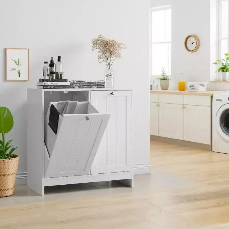 Meuble de rangement étroit pour linge sale FurnitureR avec panier inclinable et porte de rangement, organiseur de salle de bain étroit avec panier amovible en MDF blanc