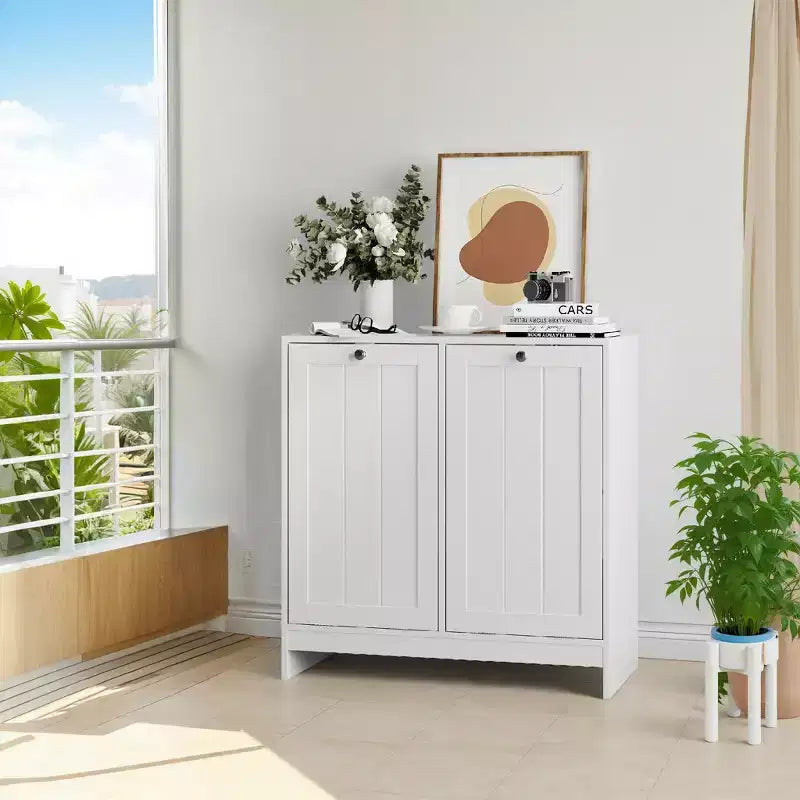 Meuble de rangement étroit pour linge sale FurnitureR avec panier inclinable et porte de rangement, organiseur de salle de bain étroit avec panier amovible en MDF blanc
