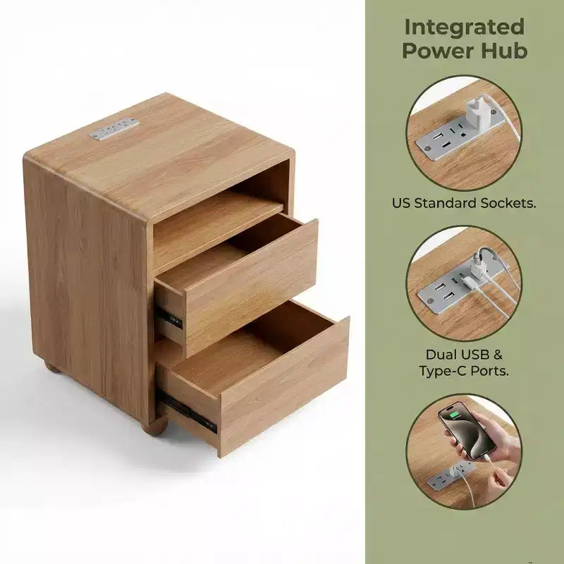 Table de chevet GDFStudio Phyllis en bois d'hévéa avec 2 tiroirs, station de recharge et étagères