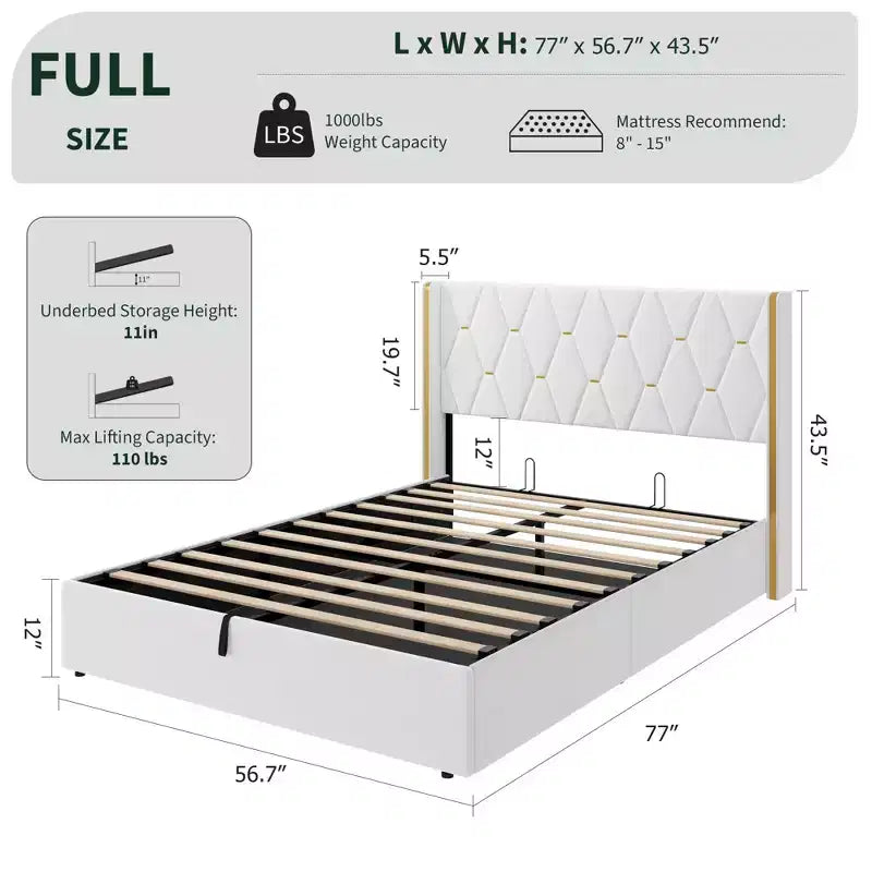 Cadre de lit de rangement relevable pleine grandeur, Cadre de lit plateforme moderne en velours rembourré avec tête de lit à oreilles, Pas besoin de sommier tapissier
