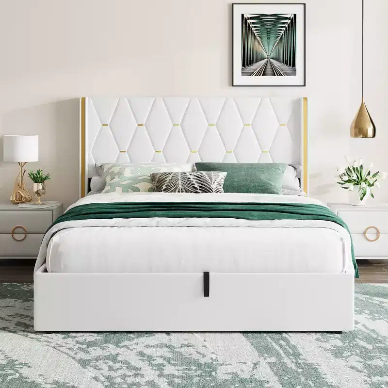 Cadre de lit de rangement relevable pleine grandeur, Cadre de lit plateforme moderne en velours rembourré avec tête de lit à oreilles, Pas besoin de sommier tapissier