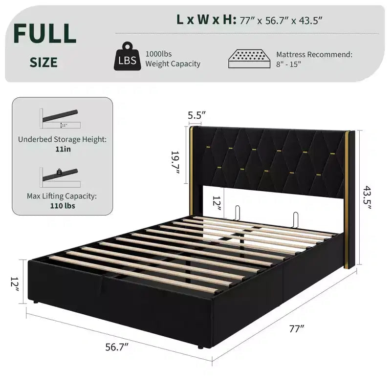 Cadre de lit de rangement relevable pleine grandeur, Cadre de lit plateforme moderne en velours rembourré avec tête de lit à oreilles, Pas besoin de sommier tapissier